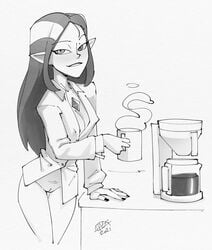 2021 beverage bottomless bottomless_female breasts casual cleavage clothed clothing coffee coffee_cup coffee_machine cup disney disney_channel female genitals greyscale hagfish hi_res humanoid humanoid_pointy_ears lilith_clawthorne monochrome nipple_outline not_furry pussy rockbottomfeeder smooth_skin solo the_owl_house