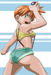 ass bare_legs blush breasts cleavage curvy dat_ass denim denim_shorts female female_focus highres hikawadou kasumi_(pokemon) legs looking_at_viewer nintendo open_mouth orange_hair poke_ball pokemon pokemon_rgby red_hair shiny shiny_skin short_shorts shorts side_ponytail smile solo underboob