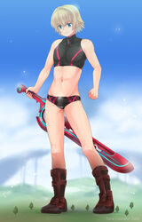 1boy athletic_wear blonde_hair blue_eyes boots bulge crop_top full_body looking_down male male_focus male_only nintendo shoes shulk_(xenoblade) swimsuit swimwear xenoblade_(series) xenoblade_chronicles