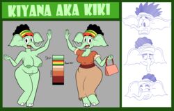 absurd_res anthro belly black_hair bottomwear breasts cleavage clothed clothing elephant elephantid english_text female green_body green_nipples green_skin grey_background hair headgear headwear hi_res kiyana_(marcodile) mammal marcodile mature_female meme model_sheet nipples nude oc original original_character proboscidean proboscis_(anatomy) purse reference_sheet scared shirt simple_background skirt slightly_chubby solo text topwear trunk_(anatomy) wide_hips