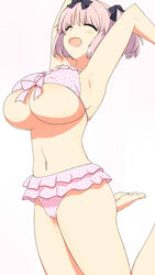 10s ^_^ ^o^ armpits arms_up bare_arms bare_legs bare_shoulders barefoot bikini bikini_skirt black_bow blush bow breasts closed_eyes closed_eyes collarbone female hairbow hibari_(senran_kagura) huge_breasts jumping legs_up namamo namamo_(kura) navel open_mouth pink_bikini pink_hair pink_skirt polka_dot polka_dot_bikini senran_kagura short_hair short_twintails skirt solo stomach swimsuit toes twintails underboob