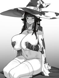 animal_ears animal_print bangs blunt_bangs blush breasts cape covering covering_breasts cow_ears cow_girl cow_horns cow_print cow_witch_(houtengeki) ear_tag embarrassed embarrassed_nude_female female female_only functionally_nude functionally_nude_female gloves hat highres horns houtengeki huge_breasts lactating_nipples lactation long_hair looking_at_viewer looking_away monochrome navel original seiza sitting solo squeeze squeezing squeezing_breast swimsuit thighhighs witch_hat