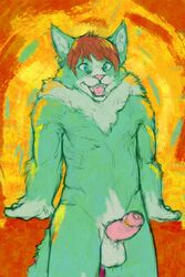 2017 2:3 anthro balls biped blue_eyes brown_hair digital_media_(artwork) erection eyrich felid foreskin fur genitals green_body green_fur hair hi_res humanoid_genitalia humanoid_penis male mammal neck_tuft nude open_mouth penis pink_nose pink_penis pink_tongue short_hair sketch solo tongue tuft uncut