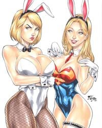 2d 2girls big_breasts blonde_hair blue_eyes bob_cut breasts bunny_ears bunnysuit corset dc dc_comics drawn ed_benes_studio female female_only fishnets fred_benes gloves happy kara_danvers kara_zor-el kara_zor-l karen_starr large_breasts leotard long_hair pantyhose pinup playboy_bunny power_girl short_hair smile smiling supergirl superheroine superman_(series) tie wide_hips