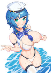 aqua_eyes bad_id bad_pixiv_id bangs bikini blue_hair blue_neckwear braid breasts ett female grin hair_ornament hair_ribbon hat large_breasts last_origin looking_at_viewer neckerchief nipple_slip nipples ribbon sailor_collar sailor_hat see-through_bra see-through_clothing smile solo swimsuit thighhighs triaina_(last_origin) twin_braids v wading water wet white_background white_legwear wide_hips x_hair_ornament