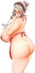 1girls absurdres alternate_costume apron ass back_view blush bow breasts chestnut_mouth cooking eyewear female flustered food ghost_nipples glasses grey_hair hair_bun hair_intakes hair_over_shoulder hairbun heavy_blush highres holding huge_ass huge_breasts labiata_prototype_(last_origin) labiata_prototype_(naked_apron)_(last_origin) ladle last_origin light-skinned_female light_skin long_breasts long_nipples maid maid_headdress massive_ass milf naked_apron namamo namamo_(kura) nipple_slip nipples official_alternate_costume open_mouth orange_eyes plump red_apron red_eyes sideboob sidelocks silver_hair slightly_chubby soft_breasts solo soup thick_thighs thighs tied_hair voluptuous white_background