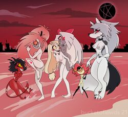 1_eye 2021 6girls absurd_res anthro black_body black_fur black_hair blonde_hair breasts bucketoflewds canid canid_demon carrying_partner charlie_morningstar_(hazbin_hotel) cherri_bomb demon demon_humanoid fur genitals grey_body grey_hair grey_skin grin group hair hazbin_hotel hellhound helluva_boss hi_res humanoid imp loona_(helluva_boss) mammal millie_(helluva_boss) multiple_girls niffty nipples partially_submerged pentagram pussy red_body red_cheeks red_hair red_sclera red_skin sharp_teeth smile spade_tail straight_hair teeth vaggie vaggie_(hazbin_hotel) vivienne_medrano white_body white_fur white_hair white_skin yellow_sclera