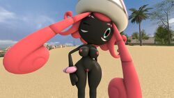 16:9 3d_(artwork) anthro beach big_breasts breasts casual_nudity clothing curvy_hips digital_media_(artwork) female genitals hair hand_on_hip hat head_tilt headgear headwear hi_res humanoid legendary_pokémon long_hair nintendo nude one_eye_closed pokémon_(species) pokemon pussy quartetoranges seaside solo source_filmmaker standing tapu_lele video_games widescreen wink