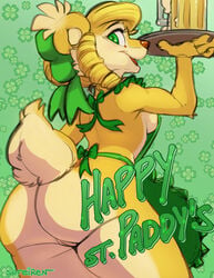 abstract_background alcohol anthro apron apron_only ass beer beverage blonde_hair bow breasts brown_nose cheek_tuft claws clothing clover conditional_dnp cup curled_hair digital_media_(artwork) ear_tuft eyelashes facial_tuft fangs female foam four_leaf_clover fur genitals green_eyes hair hi_res holidays looking_at_viewer looking_back mammal mostly_nude open_mouth pussy rear_view sefeiren side_boob st._patrick's_day tail_tuft tongue tray tuft ursid yellow_body yellow_fur