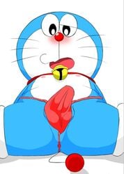 adorable anus blue_body blue_skin blush briefs chubby collar cute cute_face doraemon doraemon_(character) feline jingle_bell male male_only open_mouth overweight penis red_briefs red_collar red_nose red_tail robot solo solo_male urumeme whiskers white_feet