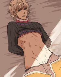 1boy arms_behind_back blonde_hair blue_eyes laying_down looking_at_viewer male male_focus male_only malesub nintendo nipples shirt_up shorts_down shulk_(xenoblade) submissive submissive_male sweat turtleneck xenoblade_(series) xenoblade_chronicles