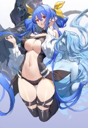 1girls :o angel_wings artist_name asymmetrical_wings bangs bare_shoulders black_legwear black_panties blue_hair breasts center_opening cleavage collarbone detached_sleeves dizzy_(guilty_gear) female guilty_gear hair_between_eyes hair_ornament hair_ribbon hand_in_own_hair hands_up highres large_breasts long_hair long_sleeves looking_at_another looking_at_viewer midriff monster_girl navel necro_(guilty_gear) open_mouth panties puffy_long_sleeves puffy_sleeves red_eyes ribbon skindentation swd3e2 thick_thighs thigh_gap thighhighs thighs twintails underboob underwear undine_(guilty_gear) wings yellow_ribbon