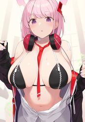 1girls 2021 bandaid bandaid_on_shoulder bangs bare_shoulders between_breasts bikini black_bikini blue_archive blush breasts cleavage earphones eimi_(blue_archive) enosan female female_focus female_only halo headphones headphones_around_neck highres huge_breasts large_breasts looking_at_viewer millennium_science_school_student nails navel necktie necktie_between_breasts neckwear_between_breasts open_mouth pink_hair purple_eyes simple_background solo solo_female solo_focus super_phenomenon_task_force_(blue_archive) swimsuit tagme tie violet_eyes white_shirt zipper zipper_pull_tab