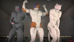 3boys 3d 3d_(artwork) anthro bathroom big_pecs digital_media_(artwork) domestic_cat epic_games erection felid feline felis flexing fortnite gay genitals ghost_meowscles group hi_res male male/male mammal meowscles_(fortnite) muscular muscular_male pecs penis shadow_meowscles_(fortnite) shy sky_chaser smile source_filmmaker tagme trio video_games