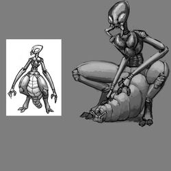 1girls alien arthropod arthropod_abdomen arthropod_abdomen_genitalia arthropod_abdomen_pussy biped bodily_fluids crouching exoskeleton female genital_fluids genitals hi_res insects looking_at_viewer mandibles meandraco monster not_furry nude open_mouth pussy scalie simple_background solo