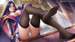 battle_academia_caitlyn battle_academia_series blue_eyes breasts caitlyn_kiramman cleavage confetti feet hair_ornament league_of_legends lipstick multicolored_hair panties pink_hair purple_hair sitting stockings tagme thighhighs uniform upskirt white_panties windwalker