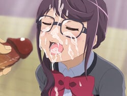 blush closed_eyes cum cum_in_mouth cum_on_face cum_on_hair facial glasses hetero hoshimi_junna open_mouth penis school_uniform shoujo_kageki_revue_starlight