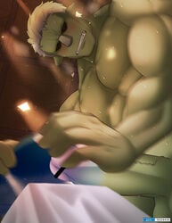 1boy abs bar_censor bara blush censored colored_skin completely_nude fangs from_below grabbing green_skin highres large_pectorals looking_down male male_focus male_only male_pubic_hair mature_male monster_boy motion_blur muscular muscular_male navel nipples nude orc penis pubic_hair rigurd rimuru_tempest sex short_hair slime_(substance) slime_boy solo_focus stomach sweat tensei_shitara_slime_datta_ken testicles tofuboyz veins veiny_penis white_hair