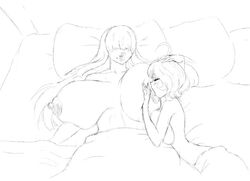 bare_breasts bed big_breasts bigger_female breast_sucking breasts giantess goth gothmom hair_over_eyes height_difference huge_breasts marauder6272 milf prepwife size_difference sleeping smaller_female smile taller_girl wife yuri