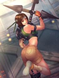 armor ass back bare_shoulders blurry blurry_background bob_cut breasts brown_eyes brown_hair brown_shorts commentary cropped_sweater dutch_angle female final_fantasy final_fantasy_vii fishnets from_behind gloves headband highres holding holding_weapon huge_weapon leg_up looking_at_viewer looking_back midriff ribbed_sweater running seed01010 shoes short_hair shorts shuriken sleeveless sleeveless_turtleneck small_breasts smile solo sweater turtleneck turtleneck_sweater twisted_torso weapon yellow_footwear yuffie_kisaragi