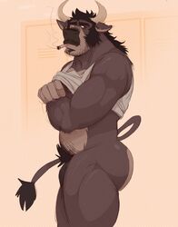 anthro black_hair bottomless bovid bovine brown_body cattle cigarette clothed clothing facial_hair gay genitals ghoskee hair hi_res horn male mammal muscular muscular_anthro muscular_male penis pubes shirt smoking solo standing tank_top topwear