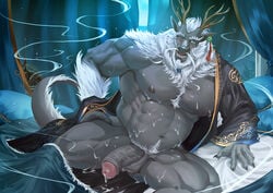 abs anthro antlers asian_mythology balls beard bed blue_eyes blush bodily_fluids canopy_bed claws clothed clothing cum cum_on_chest cum_on_leg cum_on_penis detailed_background dragon east_asian_mythology eastern_dragon facial_hair foreskin furniture genital_fluids genitals grey_body grey_scales hair horn humanoid_genitalia humanoid_penis incense inside lander-laon laon8130 looking_at_viewer male mature_male musclegut muscular muscular_anthro muscular_male mythology on_bed one_eye_closed open_mouth partially_clothed penis precum pubes robe scales solo sweat uncut white_hair