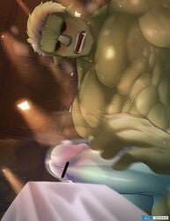 1boy abs bar_censor bara blush censored colored_skin completely_nude fangs from_below grabbing green_skin highres large_pectorals looking_down male male_focus male_only male_pubic_hair mature_male monster_boy motion_blur muscular muscular_male navel nipples nude open_mouth orc penis pubic_hair rigurd rimuru_tempest sex short_hair slime_(substance) slime_boy solo_focus stomach sweat tensei_shitara_slime_datta_ken testicles tofuboyz veins veiny_penis white_hair