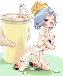 biscuit_(bread) bisuke-tan blue_bow blue_eyes blue_hair bow cup dress female kfc sandals see-through white_dress