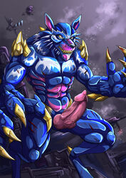 anthro baroque_(artist) beast_machines blood bodily_fluids canid canine canis erection fighting_pose hasbro hi_res hybrid knot male mammal maximal noble_(bm) penis pose smile solo spikes takara_tomy transformers were werecanid werecanine werewolf wolf wounded