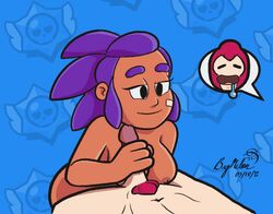 animated bandage bandaid brawl_stars colt_(brawl_stars) drooling female hand_on_penis handjob looking_at_partner looking_off_screen nude nude_female nude_male offscreen_character offscreen_male purple_hair shelly_(brawl_stars)