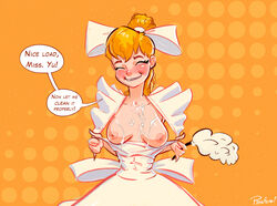 1girls blonde_hair blush bow breasts breasts_out clothing cum cum_on_breasts dialogue dress duster femsub maid maid_apron medium_breasts original original_character pinafore_(artist) pinny smiling tagme text