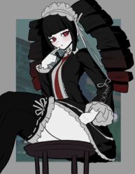 1girls blush celestia_ludenberg danganronpa drill_hair exposing_self red_eyes skirt_lift stockings straight_hair thighhighs trizzz undressing white_skin