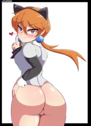 1girls alisa_southerncross animal_ears ass black_border blush bottomless breasts cat_ears earrings female hand_on_hip heart highres index_finger_raised keroro_gunsou littlepengo long_hair looking_at_viewer looking_back low_twintails orange_hair pink_eyes pussy sideboob simple_background smile solo twintails white_background