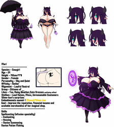 alphaerasure big_breasts breasts character_age character_profile cleavage cow_girl cow_horns cow_tail english_text hair_over_one_eye height horns huge_breasts long_hair mari_(alphaerasure) original purple_hair tagme