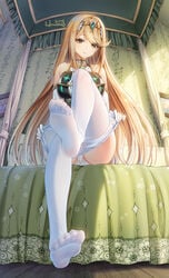 artist_name bangs bare_shoulders blonde_hair breasts closed_mouth commentary_request curtains dress elbow_gloves eyebrows_visible_through_hair eyes_visible_through_hair feet female female_focus floral_print foot_focus from_below gem gloves haneru indoors large_breasts leg_up long_hair looking_at_viewer looking_down mythra nintendo no_shoes on_bed panties pantyhose pantyhose_pull pulled_by_self shiny shiny_hair sitting smile soles solo swept_bangs tiara toes underwear very_long_hair white_gloves white_legwear white_panties wooden_floor xenoblade_(series) xenoblade_chronicles_2 yellow_eyes