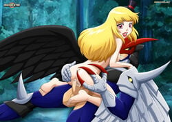 1boy 1girls anus ass blonde_hair cowgirl_position digihentai digimon digimon_data_squad digimon_savers digiphilia female lipstick long_hair looking_back male mini_hat nanami_(digimon) open_mouth penis pink_eyes ravemon sex smile straight vaginal_penetration wings