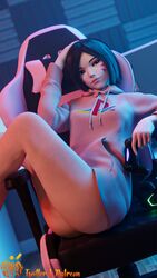 1girls 3d alternate_hairstyle bare_legs bob_cut bottomless brown_eyes brown_hair controller d.va facial_markings female female_only gamer_chair gamer_girl hand_on_head hoodie legs overwatch pinup playstation playstation_controller sashacakies sitting solo