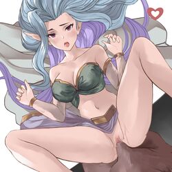 1boy 1girls :o bare_shoulders blue_hair blush breasts cleavage collarbone dark-skinned_male dark_skin detached_sleeves female granblue_fantasy grey_eyes heart highres iiros interracial large_breasts light-skinned_female light_skin long_hair penis pov pov_crotch sex straight tiamat_(granblue_fantasy) vaginal_penetration wavy_hair white_background