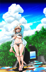 after_rain ass_visible_through_thighs blue_eyes chubby_female flip_flops grey_bikini grey_bra grey_thong huge_breasts minori_ohba original_character sandals sky umbrella wet_clothes