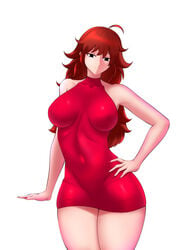 black_eyes breasts brown_hair dress fingernails fraankyy friday_night_funkin girlfriend_(friday_night_funkin) hand_on_hip high_resolution knee_up large_breasts leaning_on_object leaning_to_the_side looking_down nail_polish nipples pencil_dress red_dress small_waist smile standing thick_thighs thighs very_high_resolution wide_hips