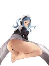 ass bare_legs big_ass blue_hair censored ethan_ppj_(artist) feet fire_emblem fire_emblem_fates flora_(fire_emblem) foot_fetish grey_eyes large_ass light_blush looking_at_viewer looking_back maid medium_hair nintendo smile white_background