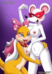 2girls anthro blush bodily_fluids breasts dildo dildo_in_pussy dildo_penetration female makeup mario_(series) ms._mowz necklace nintendo palcomix paper_mario pussy pussy_juice ribbon scalie shell spikes_(anatomy) straight_hair tail wendy_o._koopa