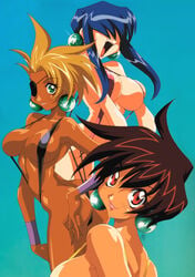 3girls 90s android ass big_breasts bikini black_bikini black_swimsuit blonde_hair blue_hair breasts brown_hair curvaceous dark-skinned_female dark_skin earrings eye_patch eyepatch female female_only green_eyes hair_covering_eyes kotobuki_tsukasa large_breasts light-skinned_female light_skin long_hair looking_at_viewer luchs multiple_girls nude_female official_art panther_(saber_j) pink_bikini pink_swimsuit red_eyes saber_marionette_j short_hair simple_background sling_bikini string_bikini swimsuit tagme tanned thick_thighs tiger_(saber_j) trio wide_hips