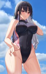 1girls adjusting_clothes adjusting_swimsuit asato_mai backlighting bangs black_hair black_swimsuit blue_sky blush breasts cloud competition_swimsuit contrapposto covered_navel cowboy_shot day dripping drying drying_hair eyebrows_visible_through_hair female gluteal_fold groin hair_between_eyes hand_up highleg highleg_swimsuit highres hip_bones holding holding_towel impossible_clothes impossible_swimsuit long_hair medium_breasts nipple_bulge one-piece_swimsuit original outdoors parted_lips purple_eyes sideboob sky solo standing sunlight swimsuit towel turtleneck wet wet_clothes wet_hair wet_swimsuit