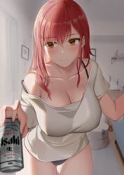 1girls alcohol asahi_breweries asato_mai beer beer_can black_panties blush breasts can cleavage collarbone eyebrows_visible_through_hair female highres holding holding_can large_breasts long_hair looking_at_viewer nipple_bulge original panties red_eyes red_hair solo underwear