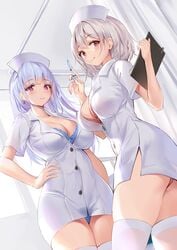 2girls alternate_costume ass azur_lane bangs blue_bra blue_panties blunt_bangs blush bra breasts cleavage clipboard closed_mouth collarbone cowboy_shot curtains dido_(azur_lane) earrings eyebrows_visible_through_hair grey_hair hand_on_hip hat highres holding indoors jewelry large_breasts long_hair looking_at_viewer multiple_girls nurse nurse_cap panties pdxen purple_eyes red_bra red_eyes red_panties see-through see-through_panties short_hair short_sleeves silver_hair sirius_(azur_lane) skindentation smile syringe thighhighs underwear white_headwear white_legwear wing_collar