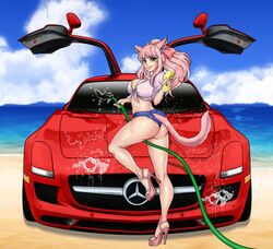 1girls animal_ears ass beach bow breasts car car_wash cat_ears cat_tail cleavage covered_nipples crop_top cutoffs davyonmartz denim denim_shorts eyelashes facial_markings female final_fantasy final_fantasy_xiv flower front-tie_top green_eyes hair_flower hair_ornament hairbow high_heels highres large_breasts long_hair looking_at_viewer mercedes-benz micro_shorts miqo'te mole mole_under_eye no_bra ocean open_toe_shoes outdoors pink_hair platform_footwear platform_heels sand shorts sidelocks smile solo standing_on_one_leg tail vehicle water