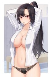 1girls asato_mai black_hair black_panties breasts collared_shirt female hair_tie_in_mouth highres large_breasts long_sleeves mouth_hold navel nipple_peek nipple_slip no_bra open_clothes open_shirt original panties ponytail red_eyes shirt solo stomach tying_hair underwear white_shirt