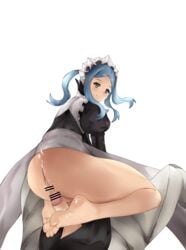 ass bare_legs big_ass blue_hair censored corrin_(fire_emblem) corrin_(fire_emblem)_(male) cum cum_on_feet cum_on_soles ethan_ppj_(artist) feet fire_emblem fire_emblem_fates flora_(fire_emblem) foot_fetish footjob grey_eyes large_ass light_blush looking_at_viewer looking_back maid medium_hair nintendo smile