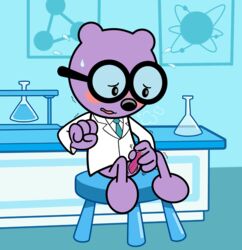 2017 anthro blush bodily_fluids bottomless clothed clothing coat erection eyewear full-length_portrait furniture genital_fluids genitals glasses krixata lab_coat laboratory male mammal masturbation necktie on_model penile penile_masturbation penis portrait precum purple_body shaking sitting solo stool toony topwear trembling ursid walden wow!_wow!_wubbzy!